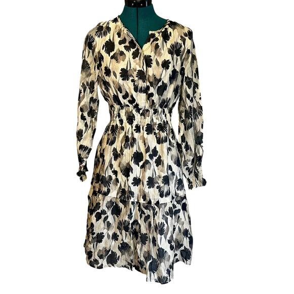 Ott Cream Black Floral Tiered Long Sleeve Midi Dress Size M Feminine - Picture 5 of 8